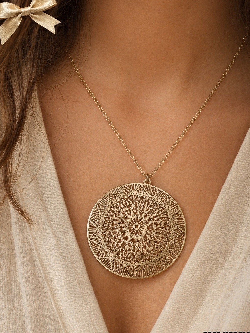 Mandala Intricate Cut-Out Floral Necklace 16” Silver Tone Statement Pendant